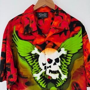 Y2K Dragonfly Clothing Company‎ Mens Large Skull Winged Motorcycle Graphic Shirt